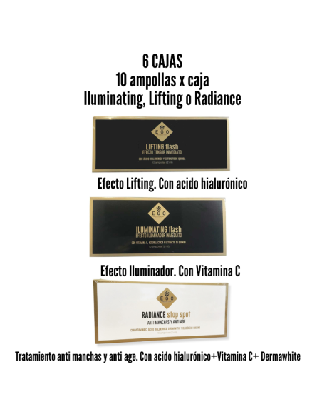 Pack de 6 Cajas de Ampollas · Iluminating, Lifting y Radiance + Obsequio